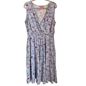 Woman Within Size 18W Sleeveless Wrap Look Linen Blend Dress Blue Floral